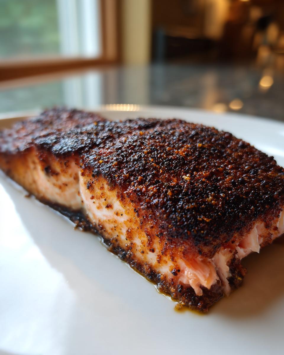 Close-up of a perfectly cooked blackened salmon fillet showing a dark, seasoned crust and flaky pink interior.