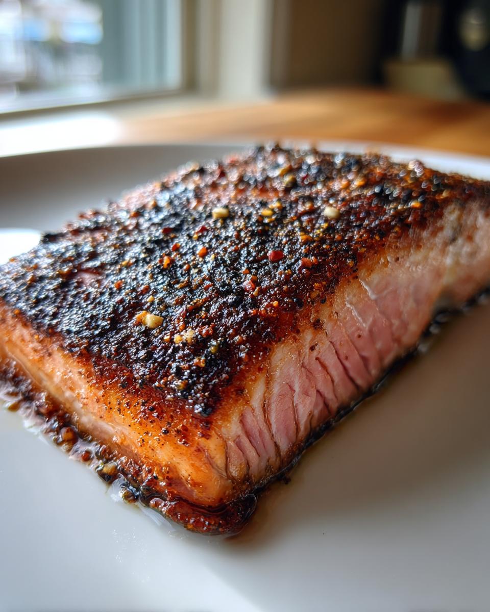 Close-up of a thick fillet of blackened salmon showing a dark, spiced crust and moist pink interior.