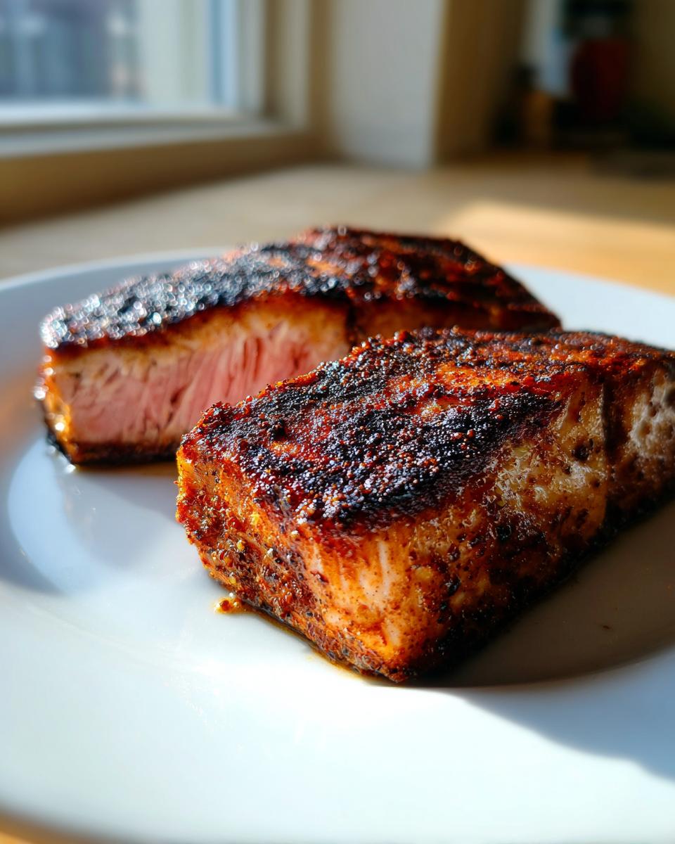 Two thick fillets of blackened salmon resting on a white plate, showing a dark, spiced crust and moist pink interior.
