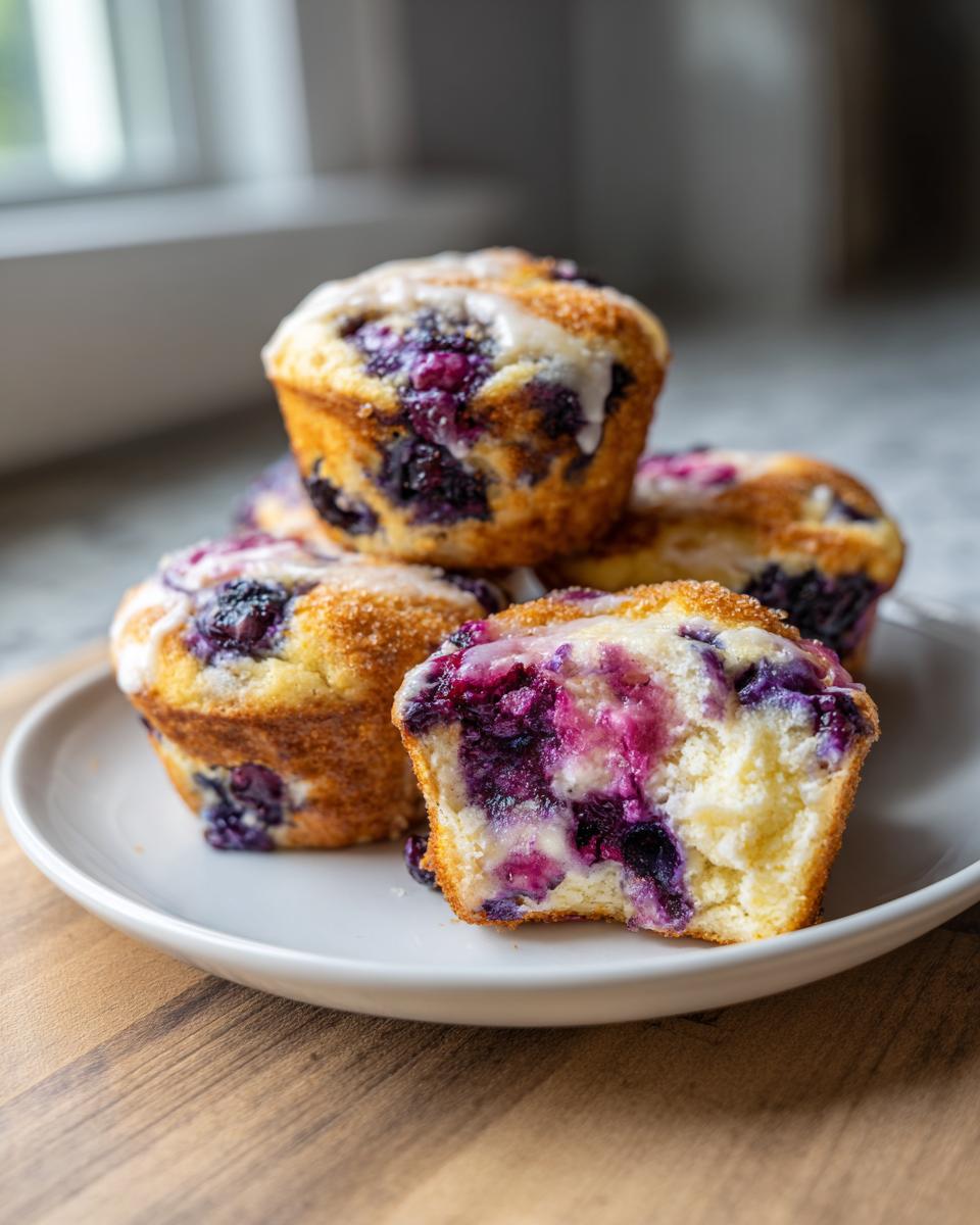 A stack of blueberry cream cheese muffins, one cut open showing the moist interior and cream cheese filling.