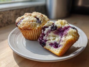 Two blueberry cream cheese muffins on a plate, one cut in half showing the moist, purple interior and crumb topping.
