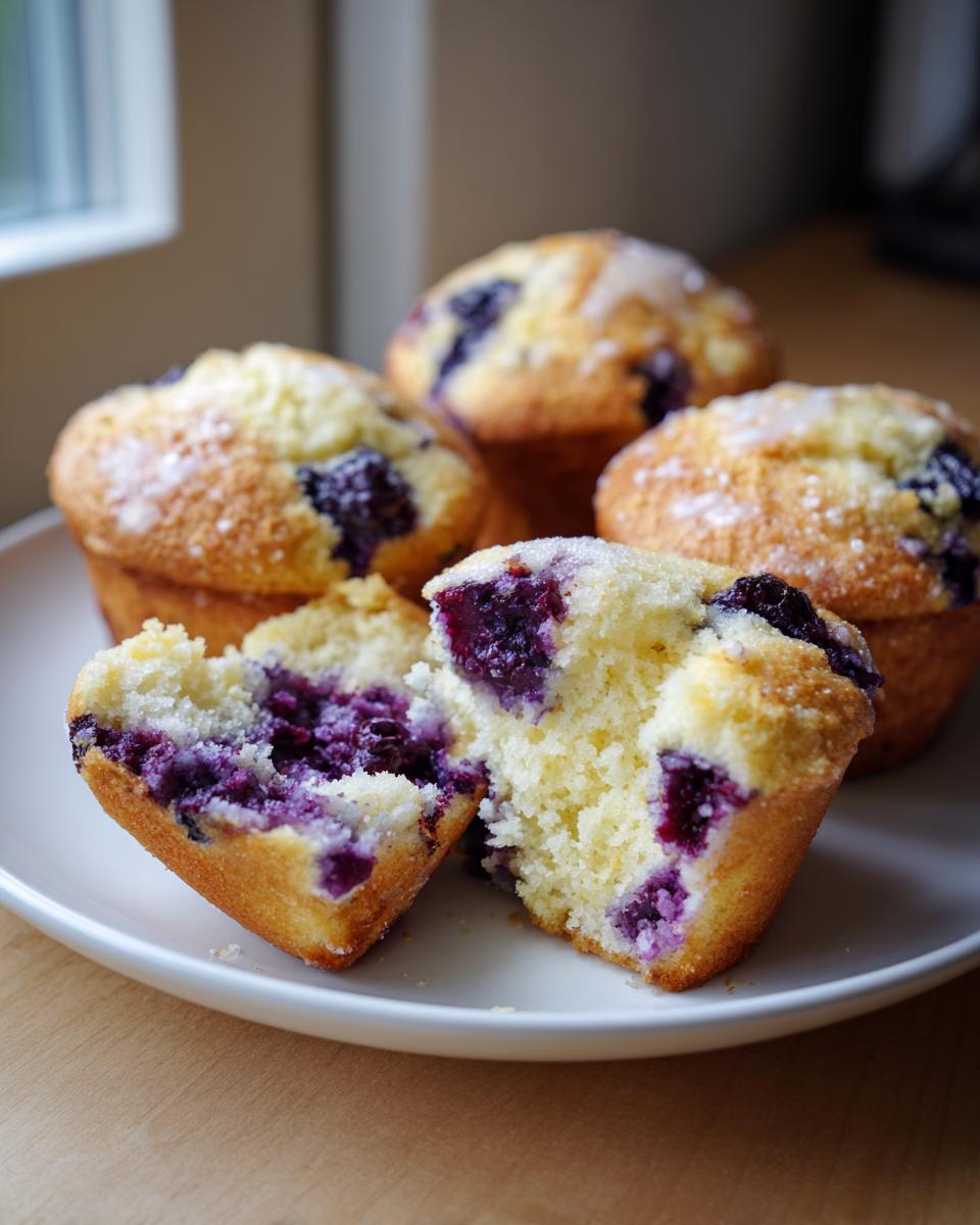 Close-up of moist blueberry cream cheese muffins, one broken in half showing the rich purple filling.