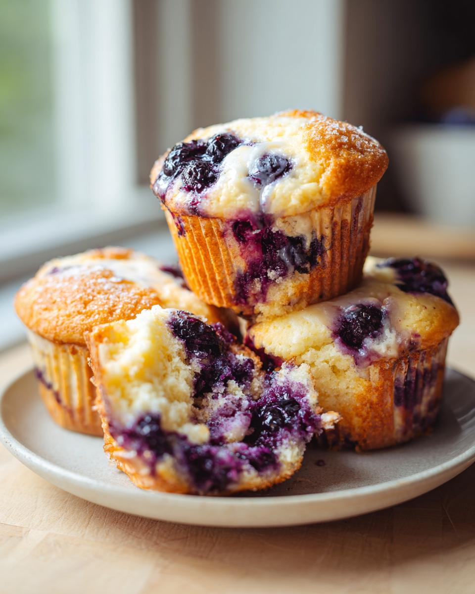 A stack of moist blueberry cream cheese muffins, one broken open to show the soft interior and bursting berries.