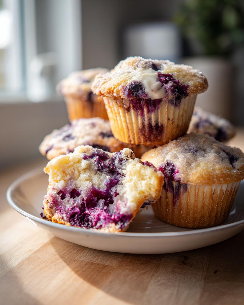 A stack of delicious blueberry cream cheese muffins, one cut open showing the moist interior and cream cheese center.