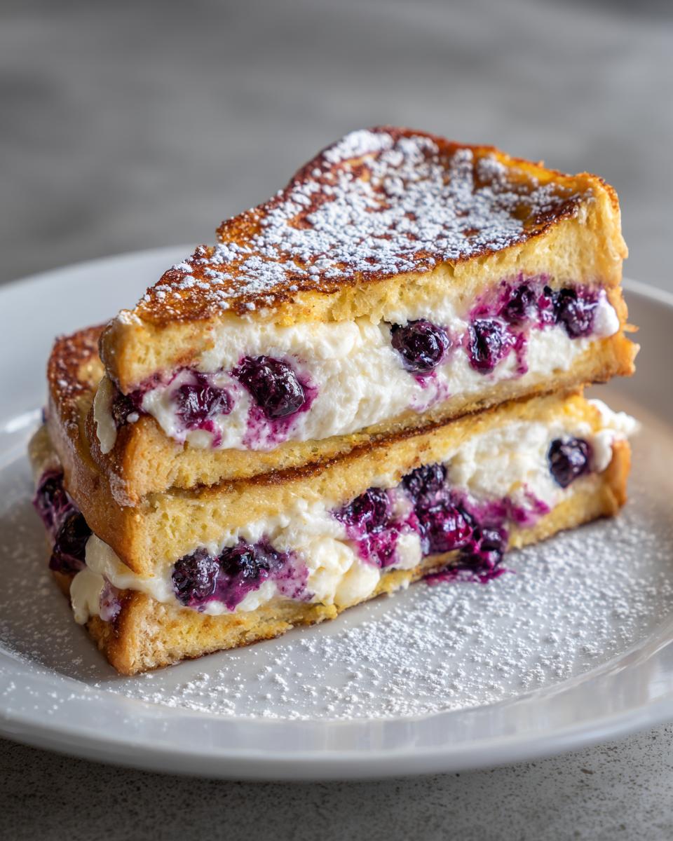 Two halves of blueberry cream cheese stuffed french toast stacked and dusted with powdered sugar.