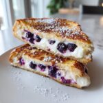 Two halves of blueberry cream cheese stuffed french toast stacked on a white plate, dusted with powdered sugar.