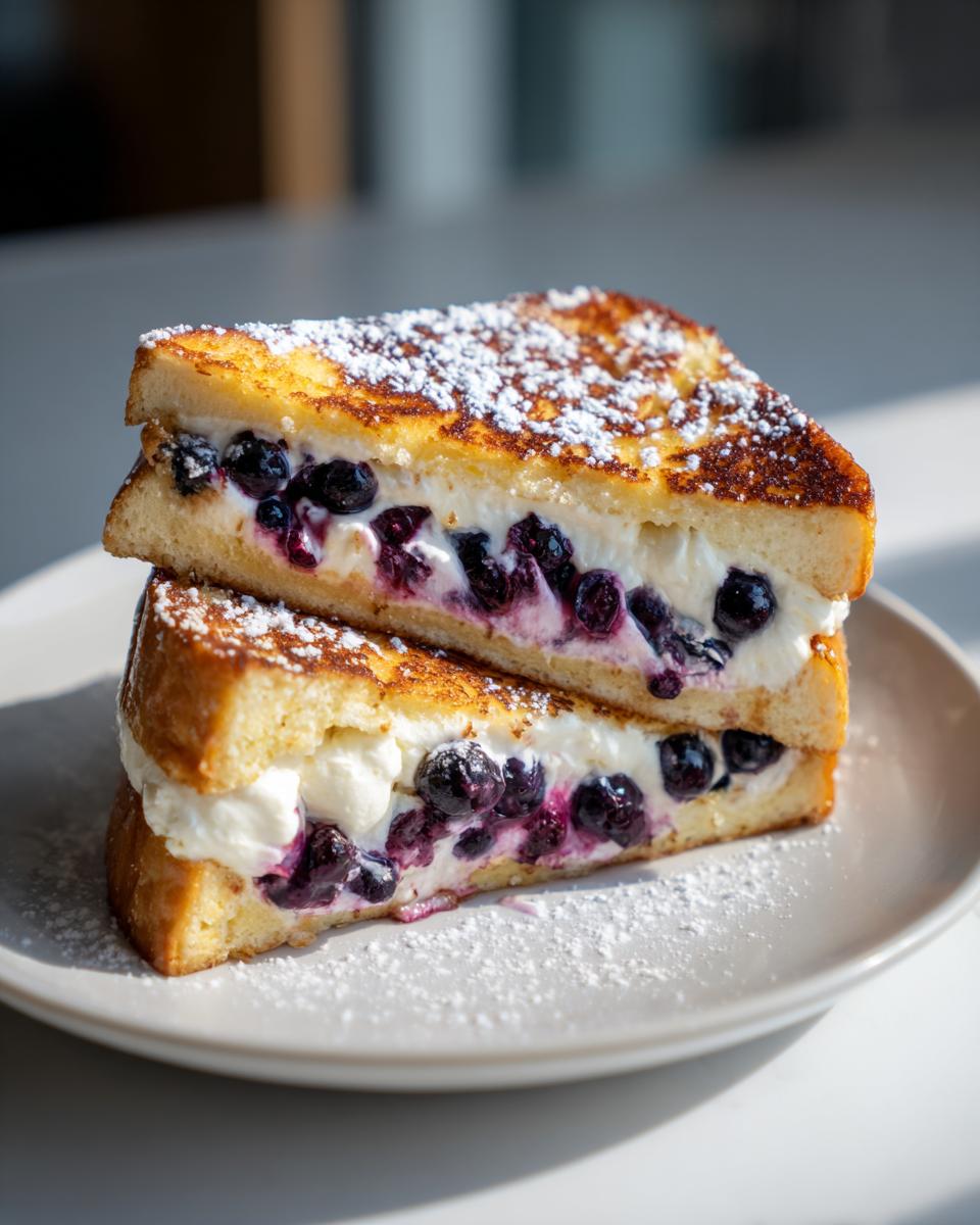 Two halves of blueberry cream stuffed french toast stacked on a plate, dusted with powdered sugar.