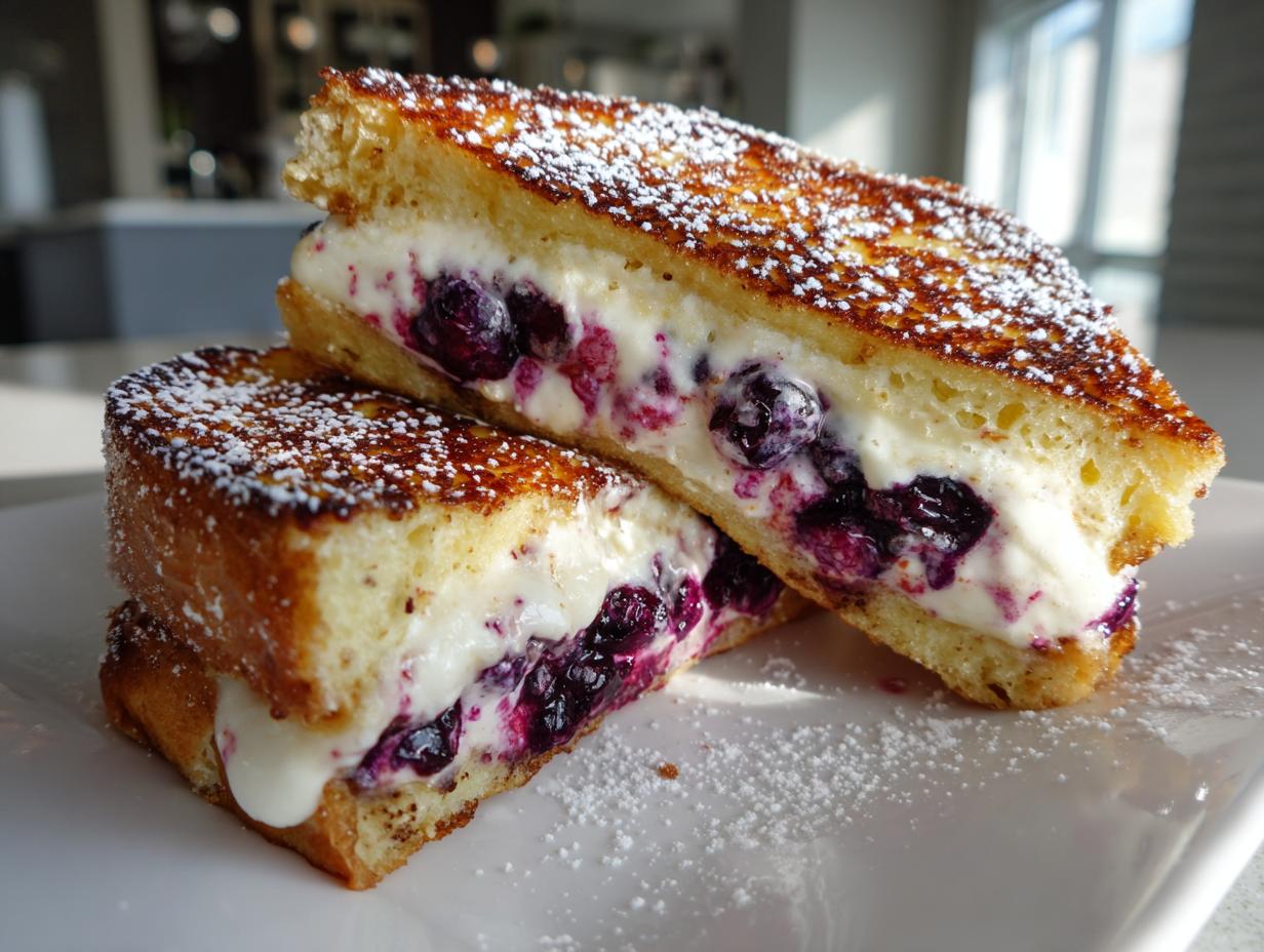 Two halves of golden brown stuffed french toast filled with creamy white filling and whole blueberries, dusted with powdered sugar.