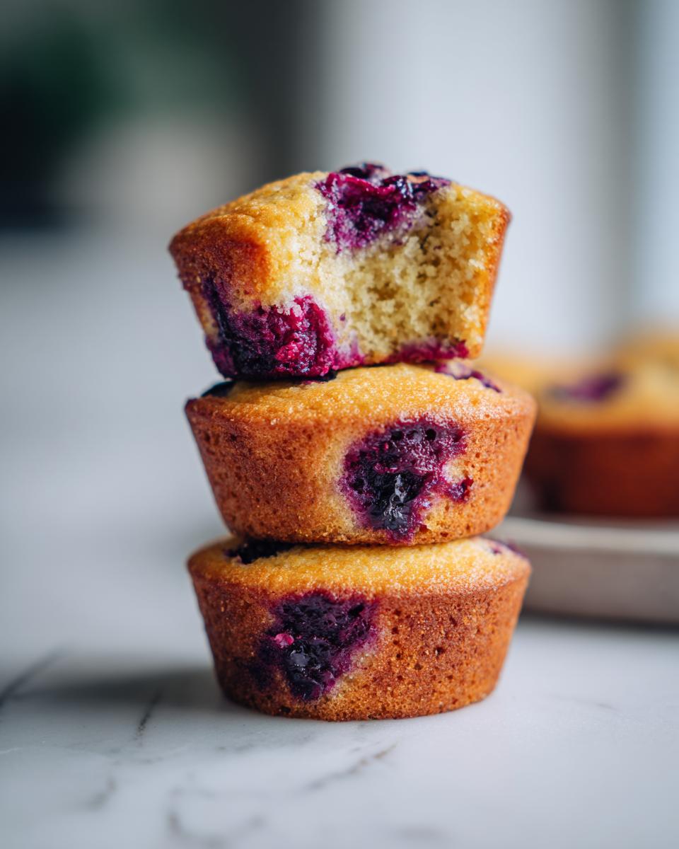 Three golden-brown blueberry protein muffins stacked, with the top one having a bite taken out showing the moist interior.