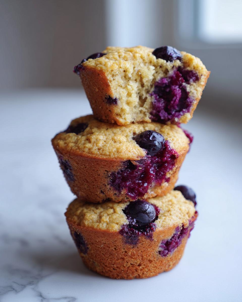 A stack of three golden-brown blueberry protein muffins, with the top one broken open to show the moist interior.