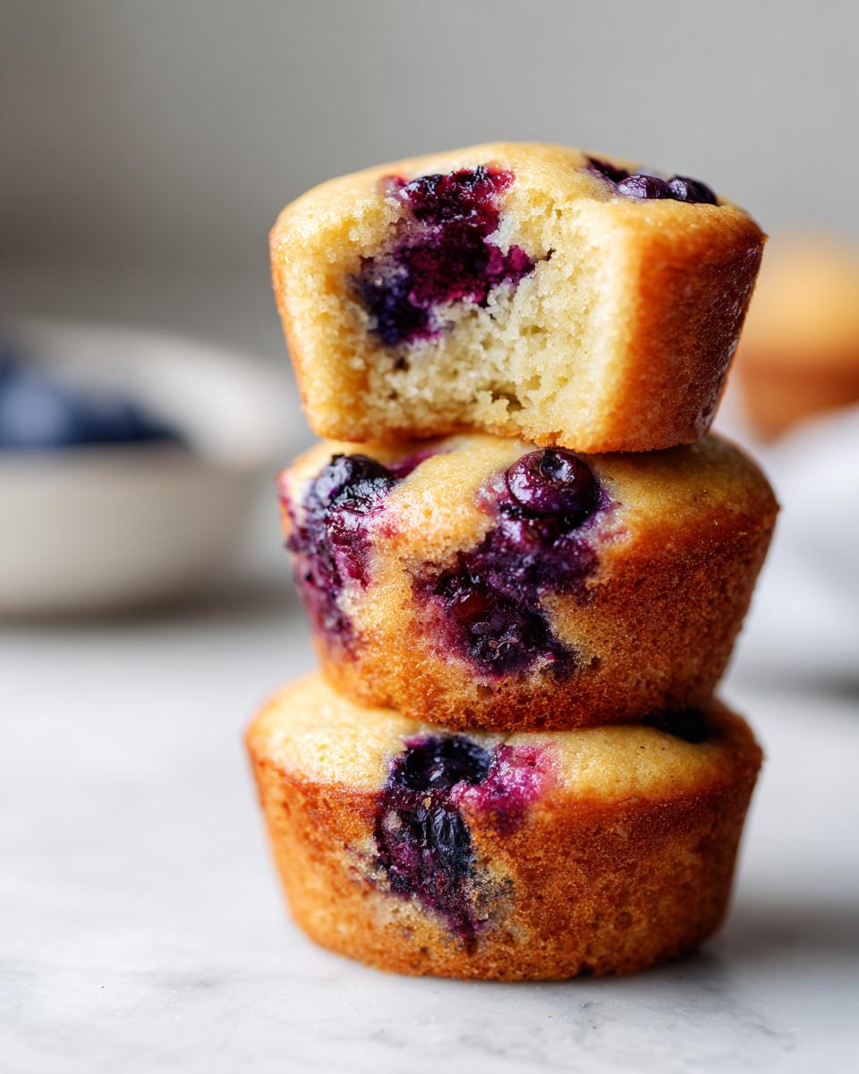 A stack of three golden blueberry protein muffins, with the top one having a bite taken out showing the moist interior.