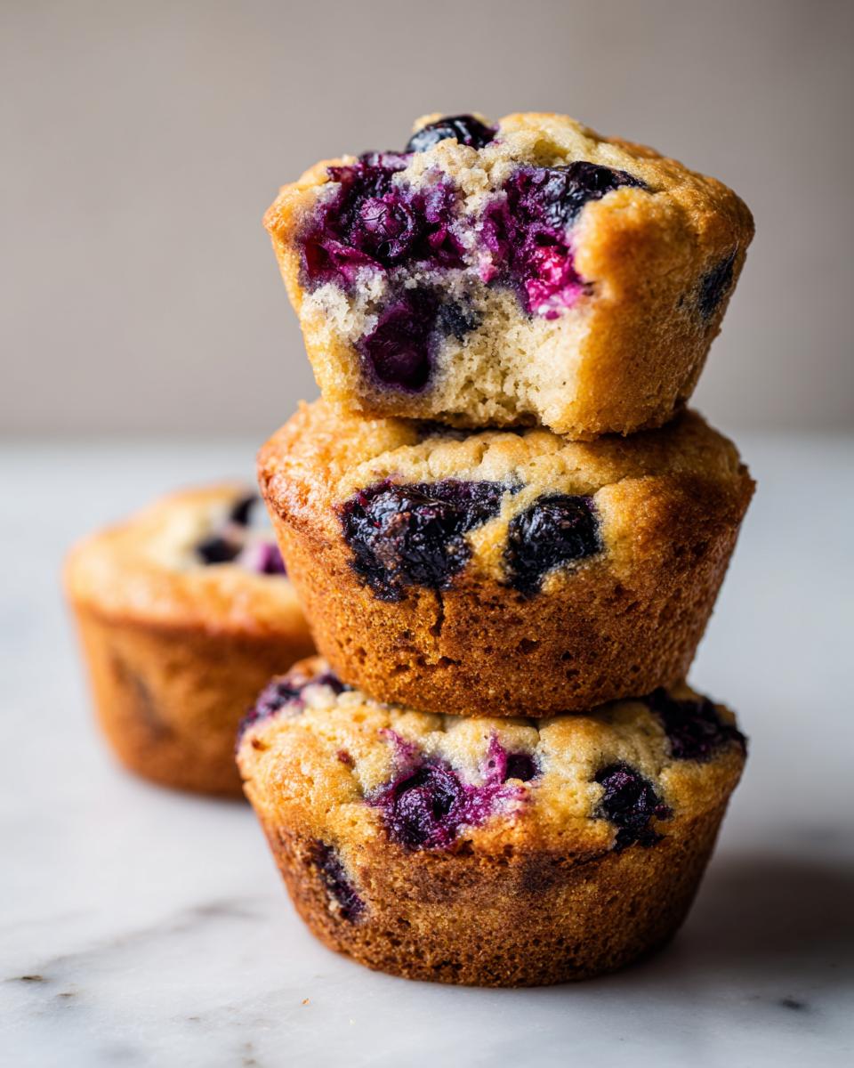 A stack of three golden-brown blueberry protein muffins, with the top one broken open revealing the moist interior.