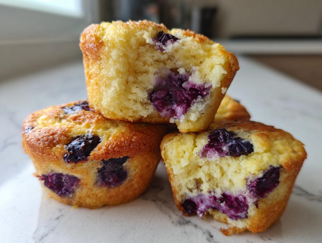 Close-up of three golden-brown blueberry protein muffins stacked, one cut open showing the moist interior.