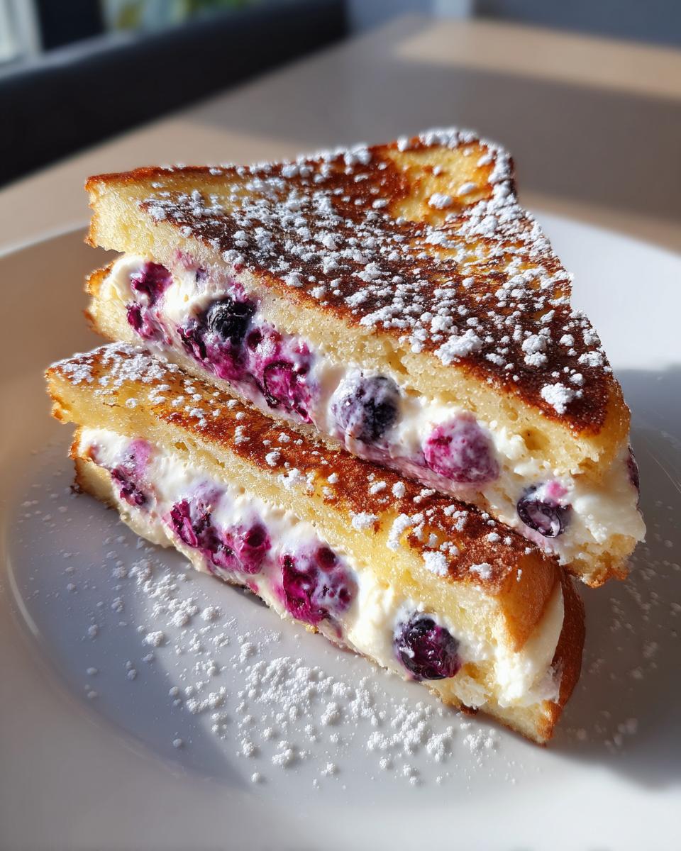 Two halves of blueberry stuffed french toast, filled with cream cheese and berries, dusted with powdered sugar.