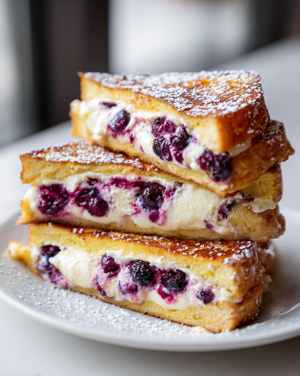 A stack of three halves of blueberry stuffed french toast, filled with cream cheese and dusted with powdered sugar.