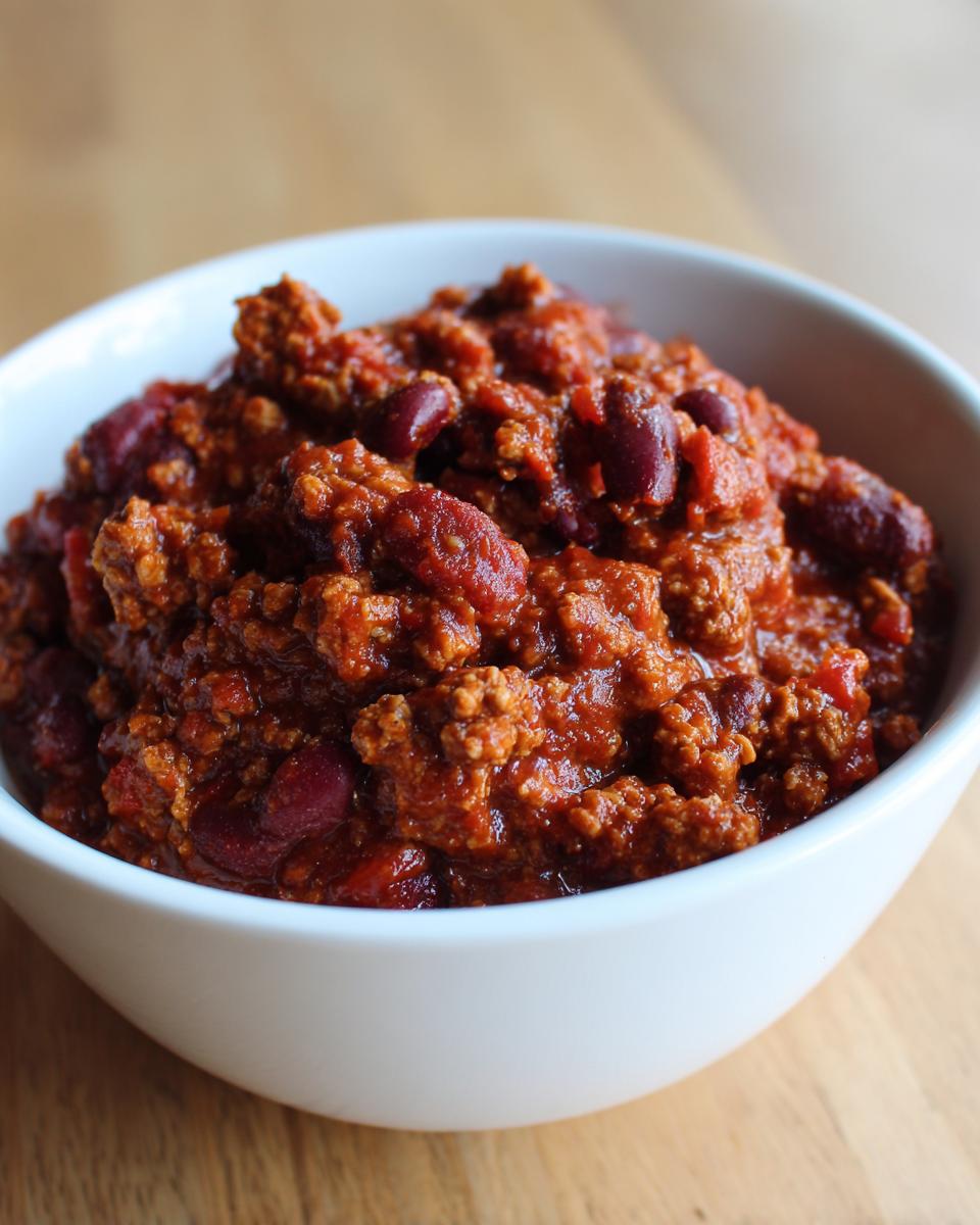Close-up of a white bowl filled with rich, thick high protein chili featuring ground meat and dark red kidney beans.