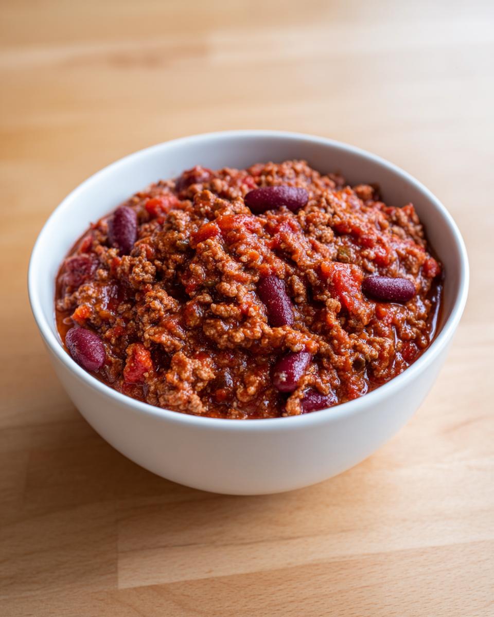 A close-up of a white bowl filled with hearty, rich high protein chili featuring ground meat and visible kidney beans.