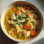 A close-up overhead shot of a bowl of italian penicillin soup featuring chicken, rotini pasta, bright orange carrots, and topped with Parmesan cheese and parsley.