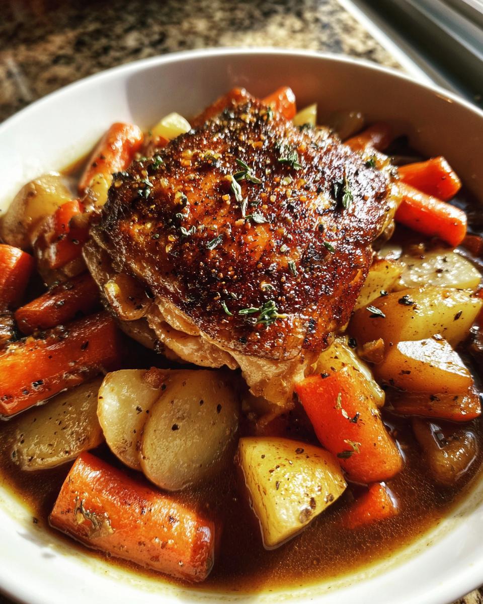 A perfectly seared braised chicken thighs served over carrots and potatoes in rich brown sauce.