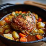 Close-up of a single, beautifully browned braised chicken thighs piece served over root vegetables in a rich sauce.