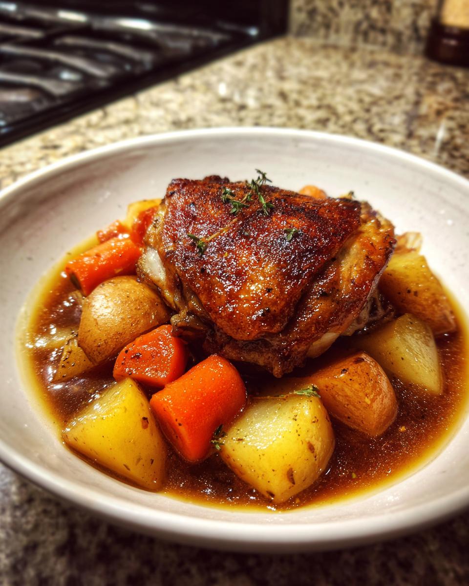 A single serving of braised chicken thighs with crispy skin served over potatoes and carrots in rich brown sauce.