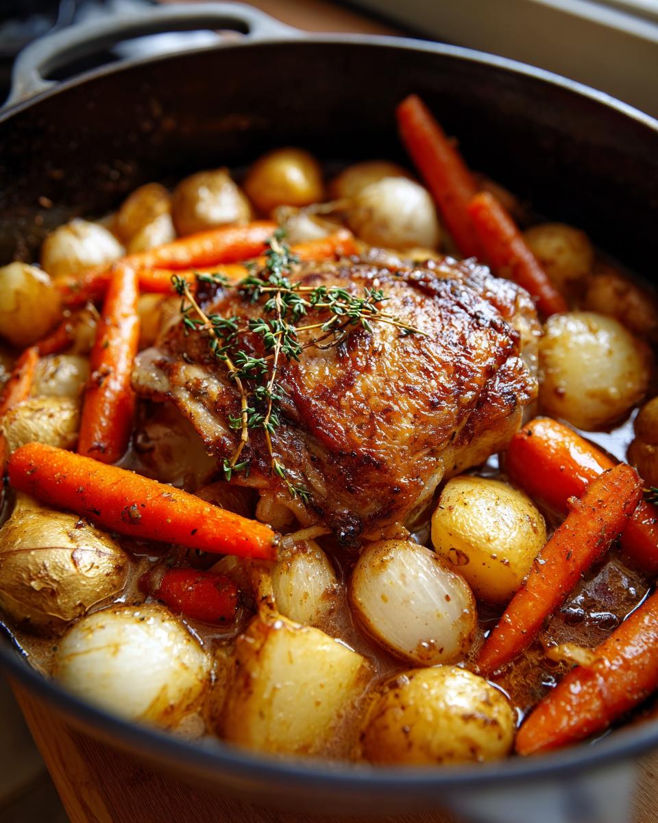 Close-up of golden-brown braised chicken thighs surrounded by carrots and pearl onions in a rich sauce.
