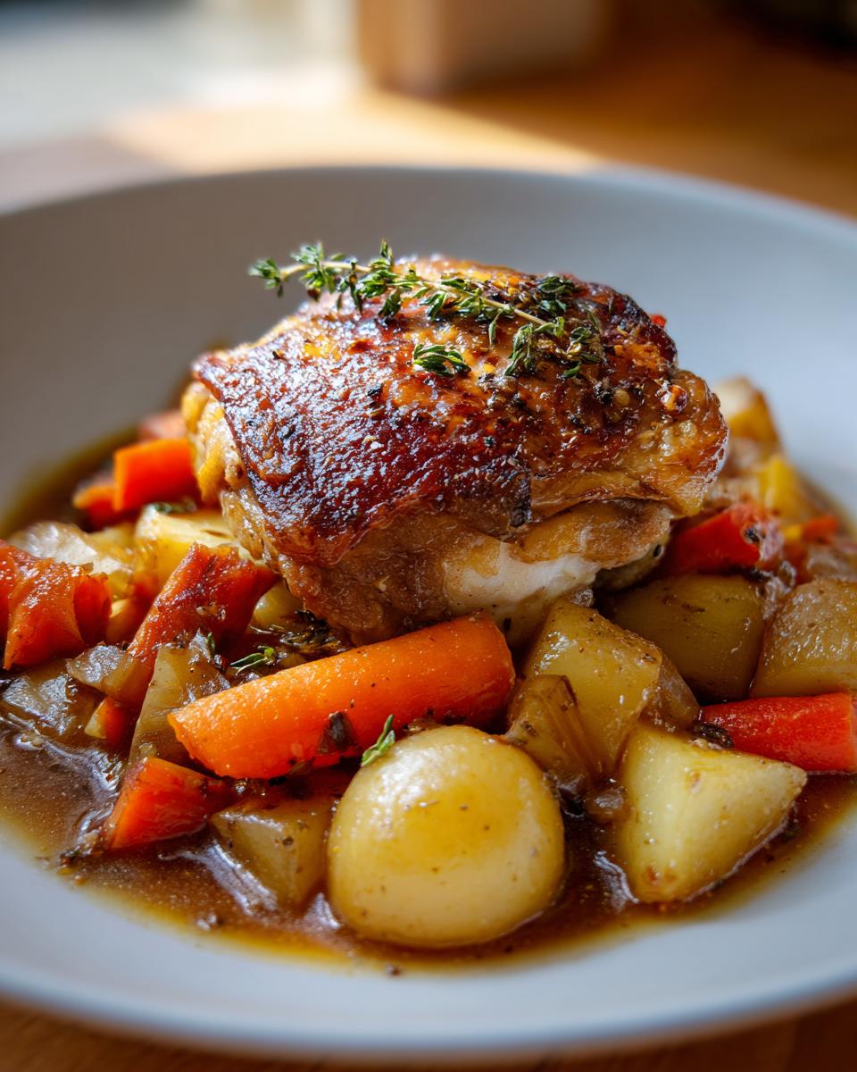A close-up of a perfectly seared braised chicken thighs served over potatoes, carrots, and rich brown sauce, garnished with thyme.