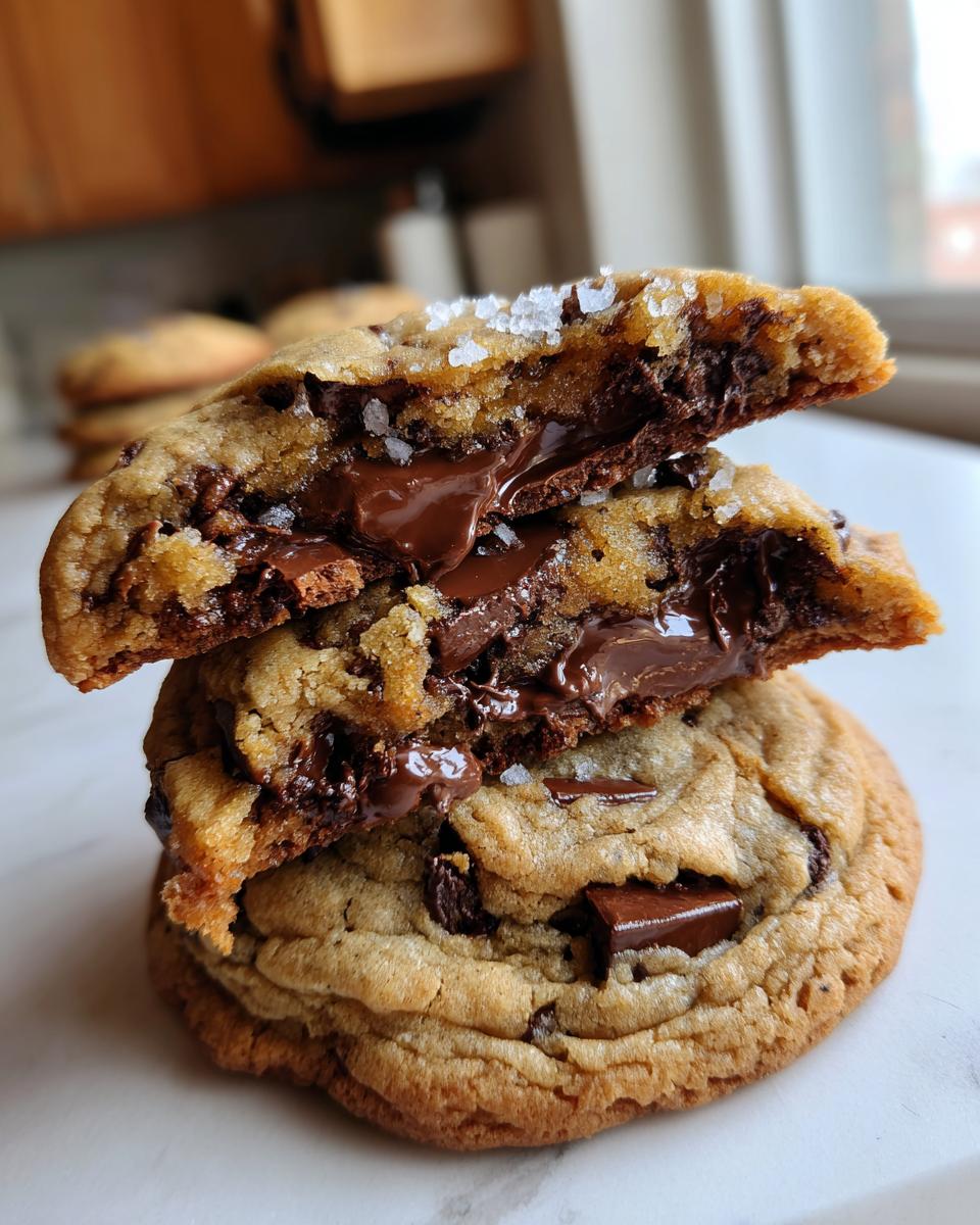 Close-up of brown butter chocolate chip cookies stacked, showing a gooey, melted chocolate center and sea salt flakes.