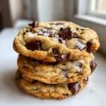 A stack of three thick, chewy brown butter chocolate chip cookies topped with flaky sea salt.