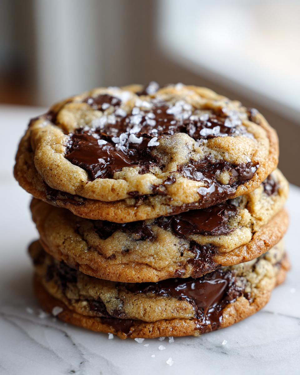 A stack of three gooey brown butter chocolate chip cookies topped with melted chocolate chunks and flaky sea salt.