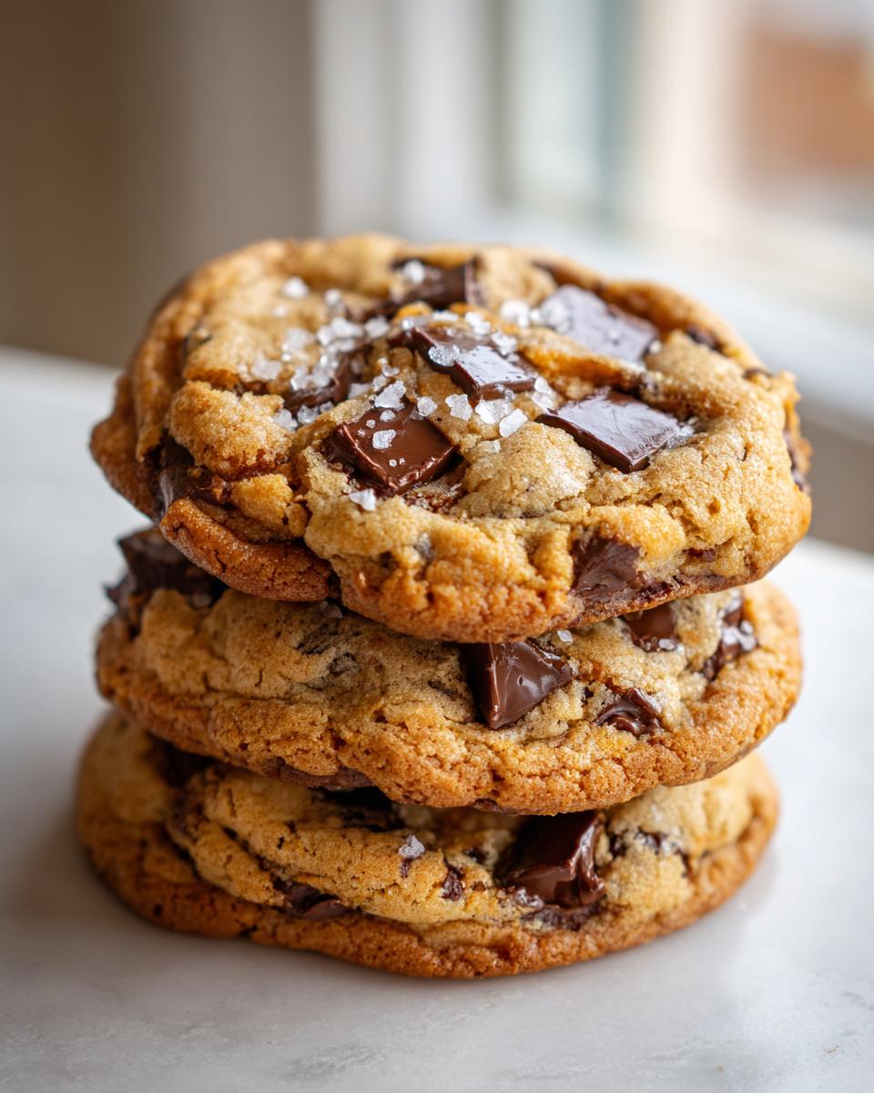 A stack of three thick, chewy brown butter chocolate chip cookies topped with flaky sea salt.