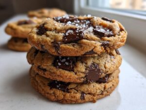 Close-up of a stack of three rich brown butter chocolate chip cookies topped with flaky sea salt and large chocolate chunks.