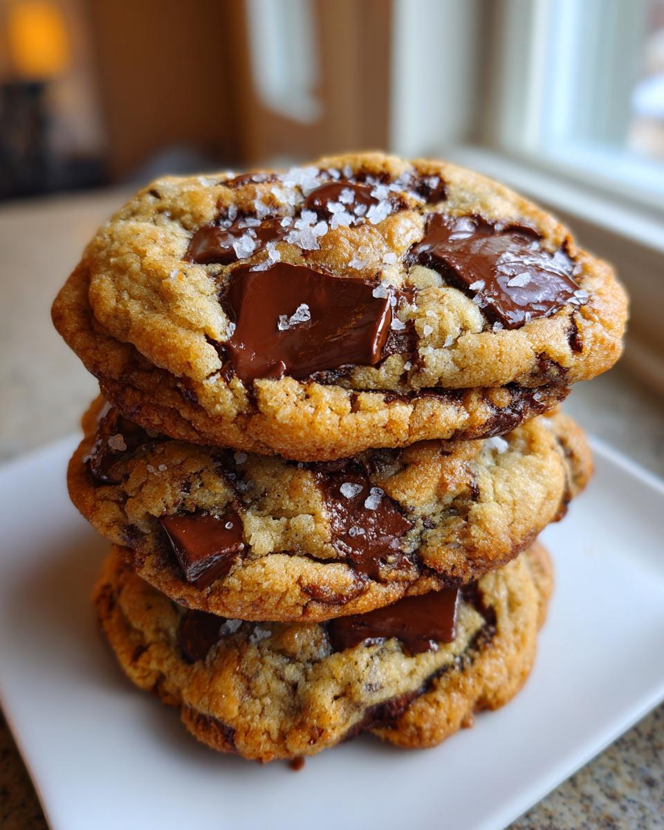 A stack of three gooey brown butter chocolate chip cookies topped with melted chocolate chunks and flaky sea salt.