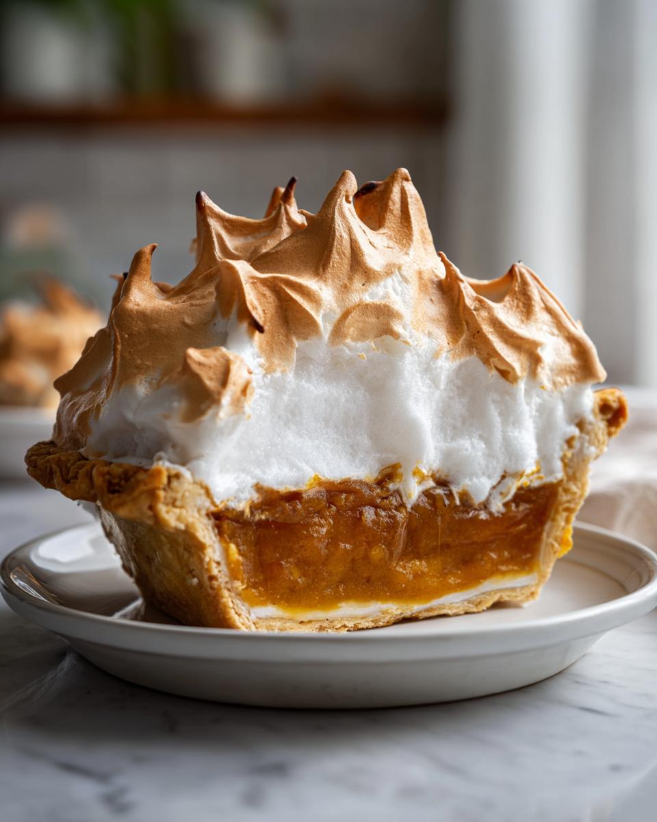 Close-up of a slice of butterscotch pie showing the rich filling and tall, toasted meringue topping.