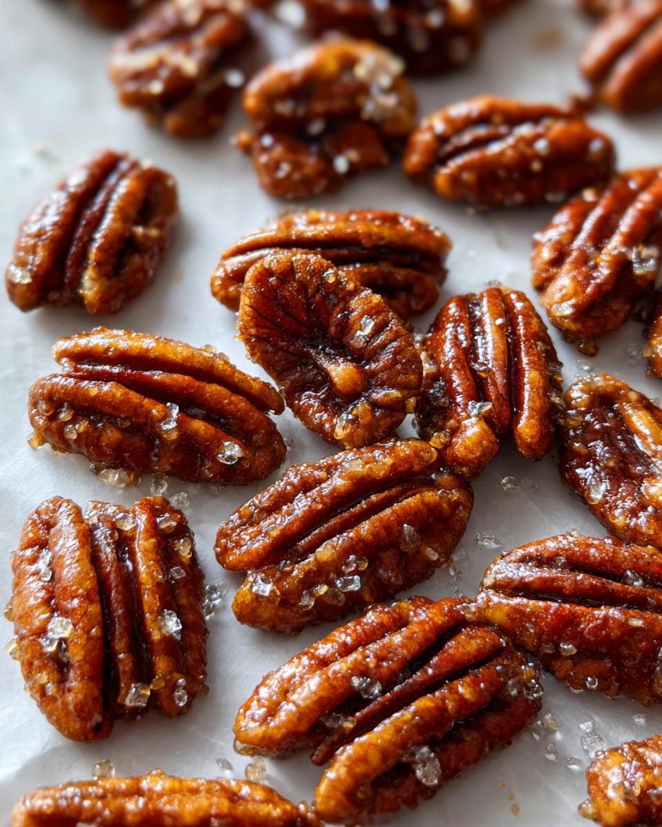 Close-up shot of freshly made candied pecans coated in a shiny glaze and sprinkled with coarse sugar crystals.