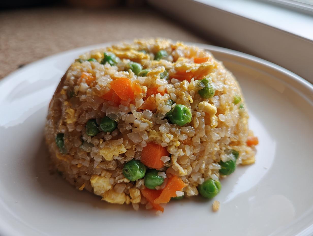 A perfectly molded serving of cauliflower fried rice mixed with bright green peas and diced orange carrots.