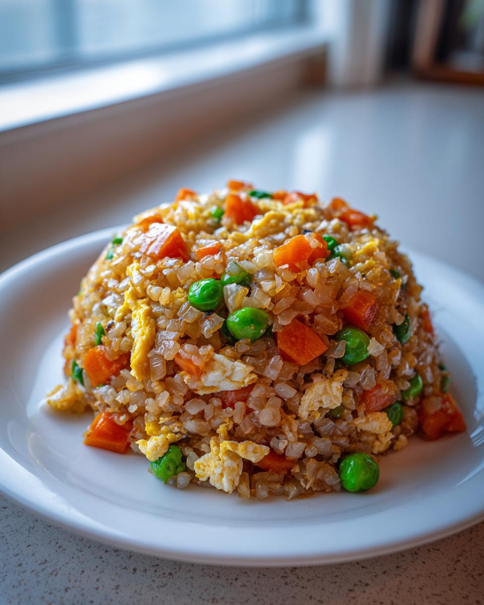 A perfectly mounded serving of cauliflower fried rice mixed with scrambled egg, bright green peas, and diced carrots on a white plate.