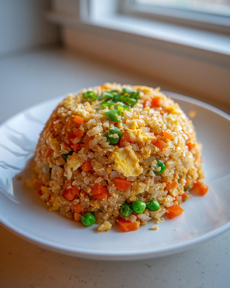 A mound of colorful cauliflower fried rice with peas, carrots, and scrambled egg, garnished with green onions.
