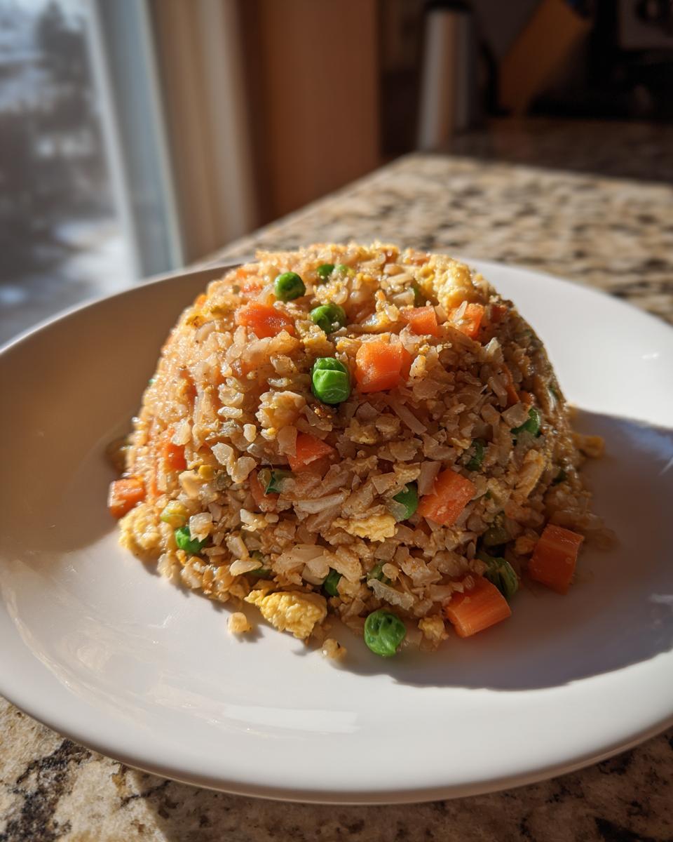A perfectly molded serving of cauliflower fried rice mixed with bright green peas and diced carrots on a white plate.