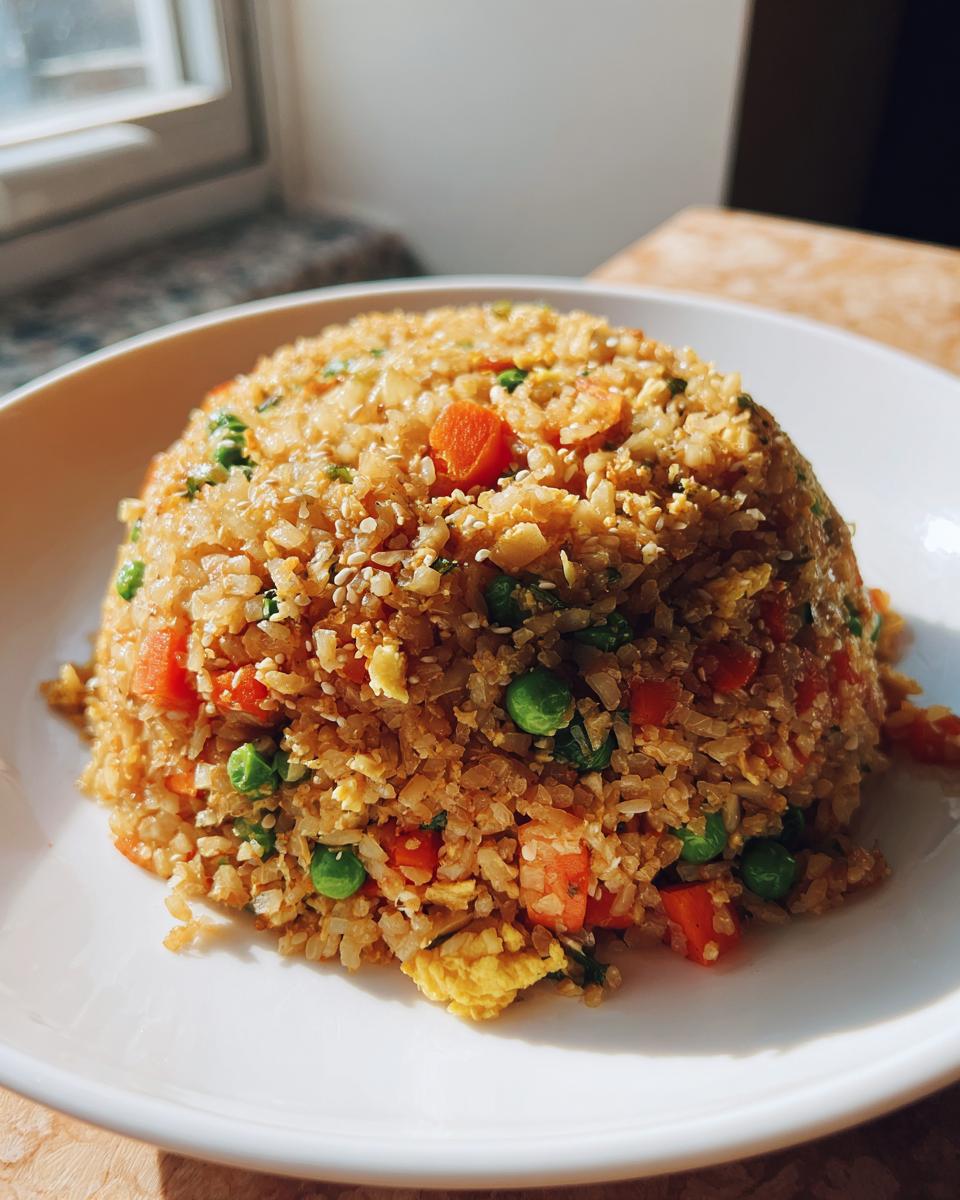 A dome-shaped serving of healthy cauliflower fried rice mixed with peas, carrots, and egg, presented on a white plate.