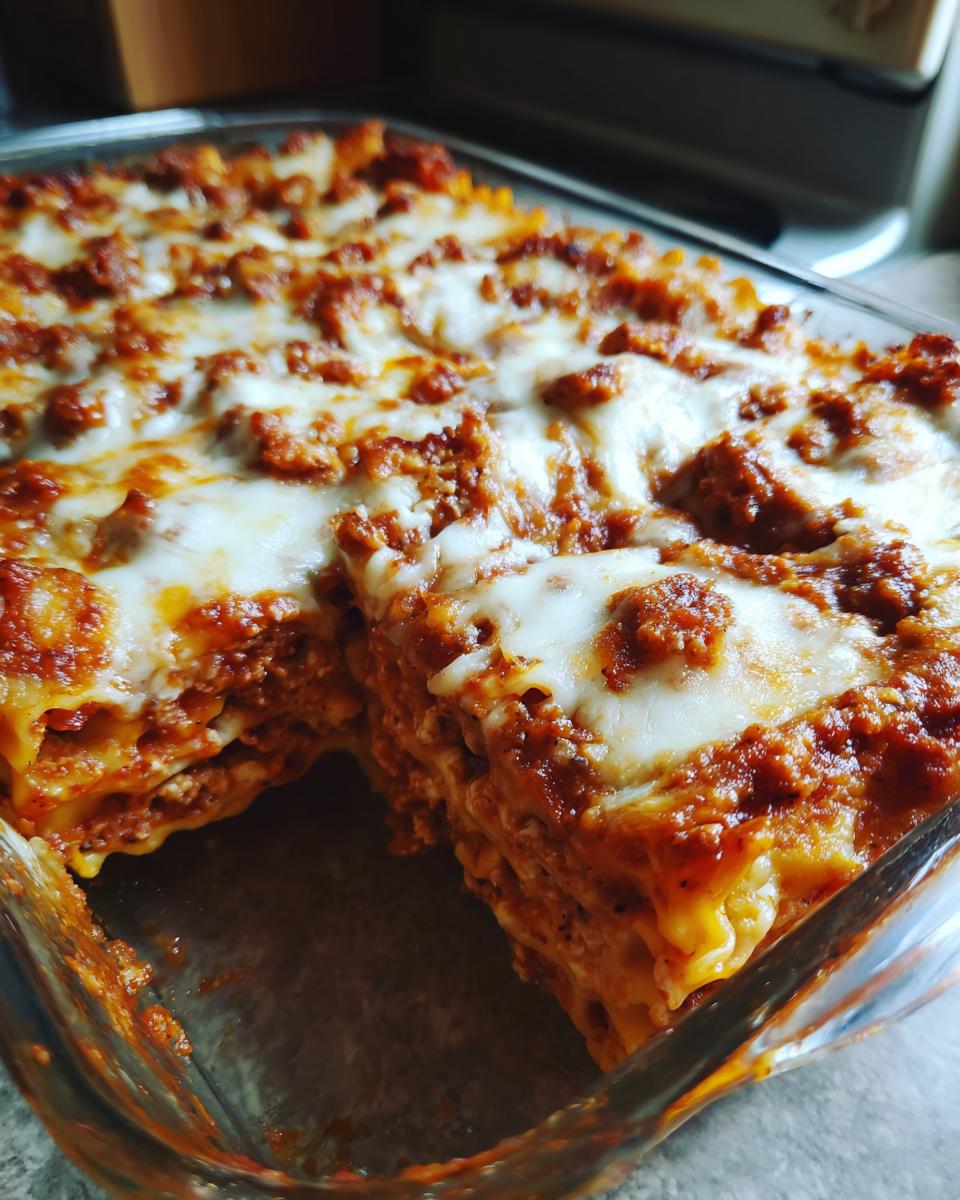 Close-up of a square glass baking dish showing a portion removed from the delicious baked ravioli covered in meat sauce and melted cheese.