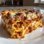 Close-up of a thick, cheesy slice of baked ravioli casserole with meat sauce and melted cheese topping.