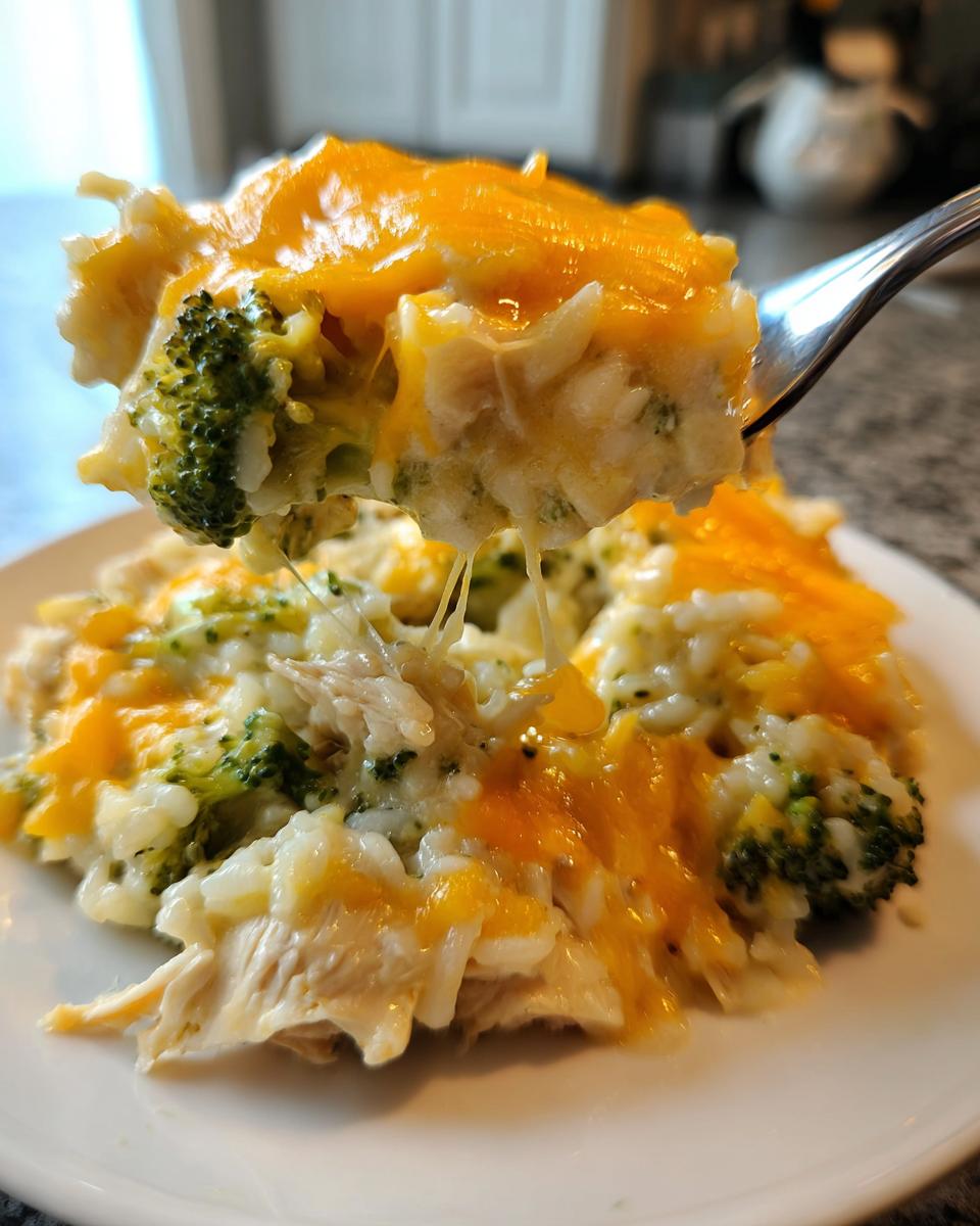 A fork lifting a cheesy, creamy scoop of chicken broccoli rice casserole, showing melted cheddar cheese pull.