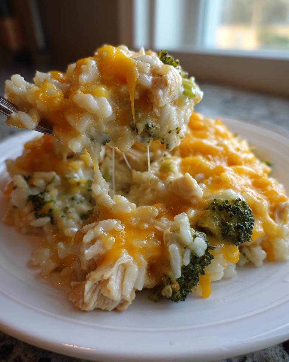 A spoonful of cheesy chicken broccoli rice casserole showing melted cheese stretching between the fork and the main dish.