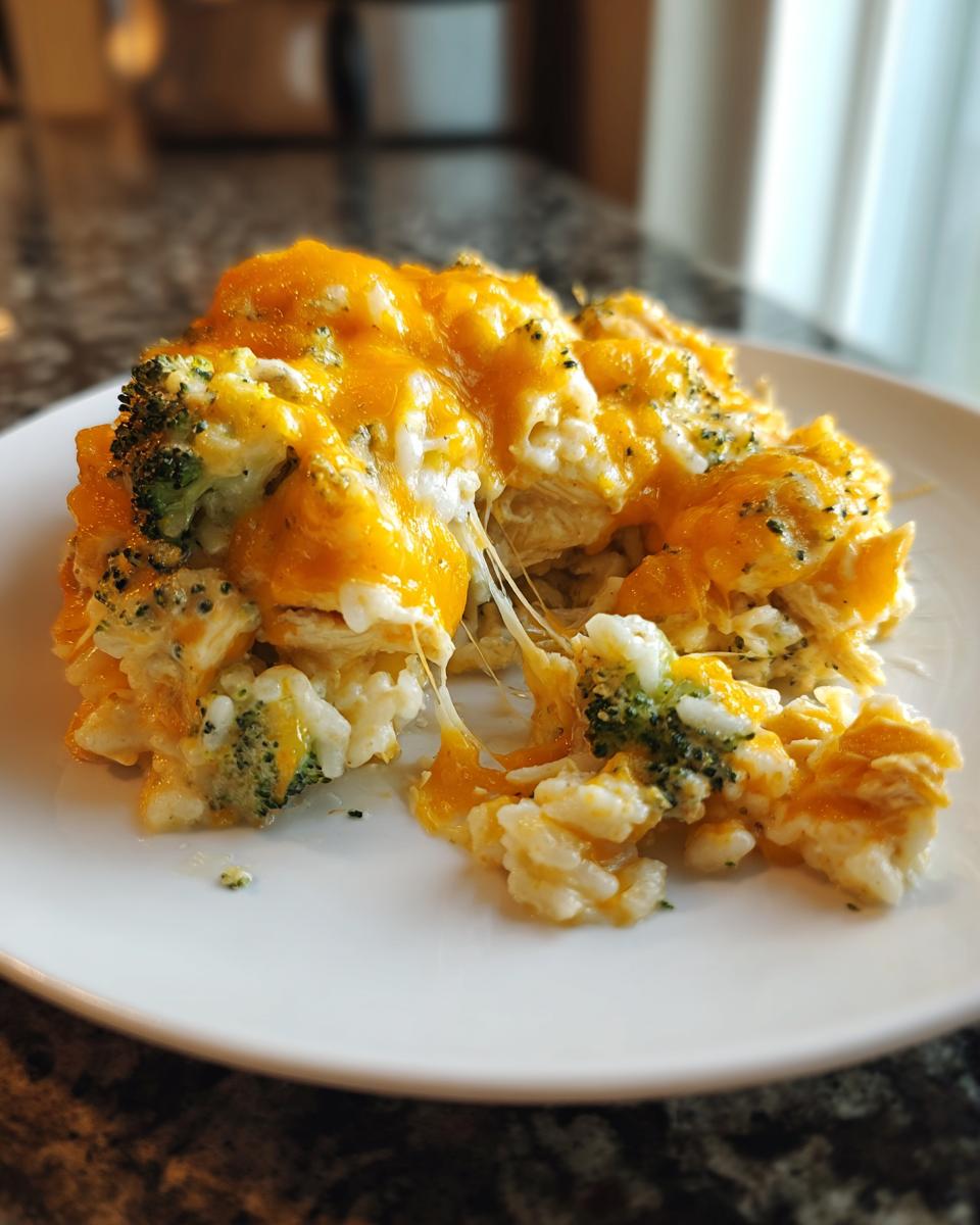 A serving of cheesy chicken broccoli rice casserole featuring melted cheddar cheese stretching between pieces.