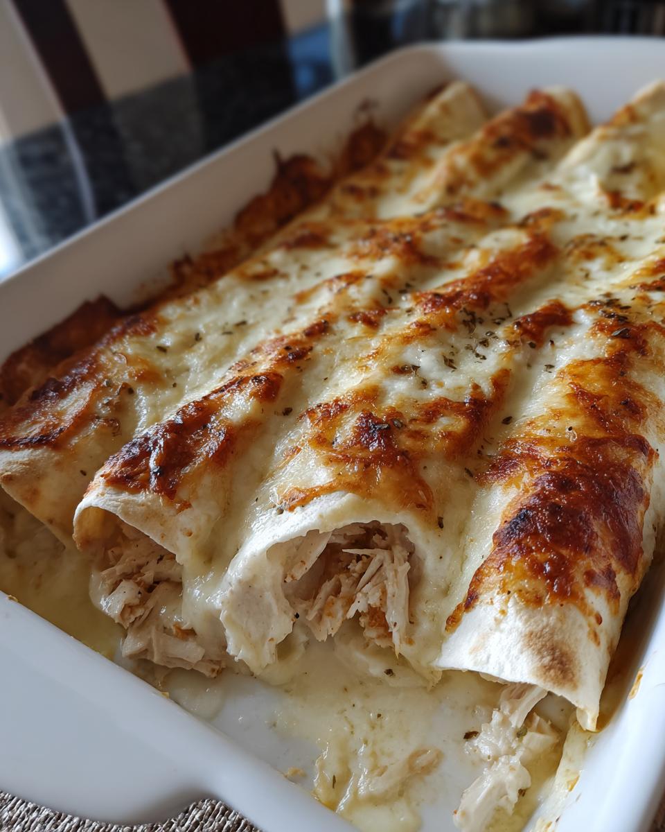 Close-up view of baked chicken enchiladas covered in melted, bubbly white cheese in a white casserole dish.