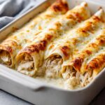Close-up of three rolled chicken enchiladas covered in melted, browned cheese sauce in a white baking dish.