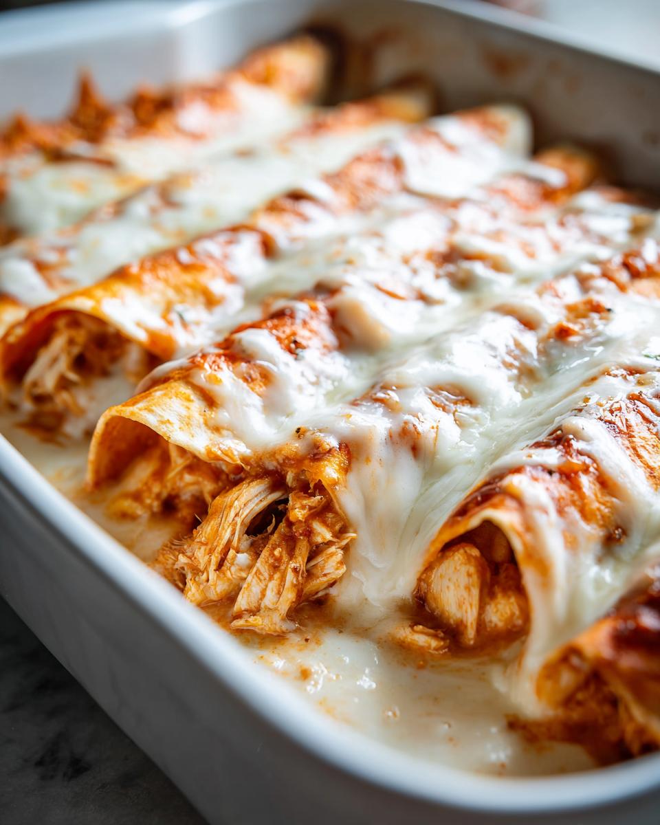 Close-up of freshly baked chicken enchiladas smothered in melted white cheese sauce in a white baking dish.