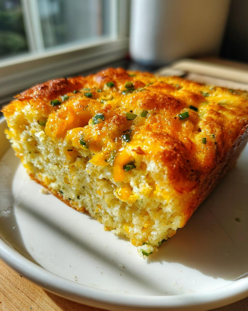 A close-up, sunlit slice of golden Mexican cornbread topped with melted cheddar cheese and green chives.