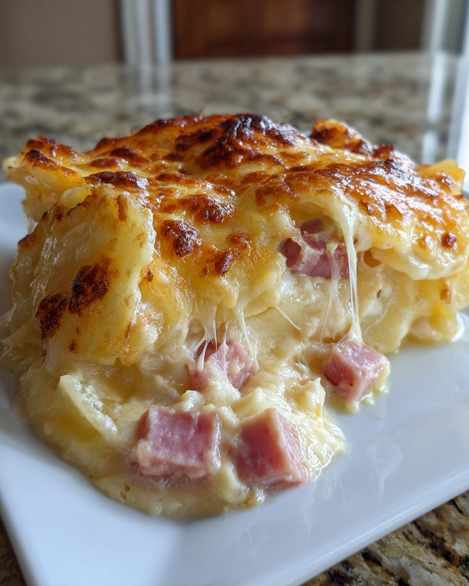 A close-up of a cheesy, bubbly slice of scalloped potatoes and ham casserole with melted cheese strings.